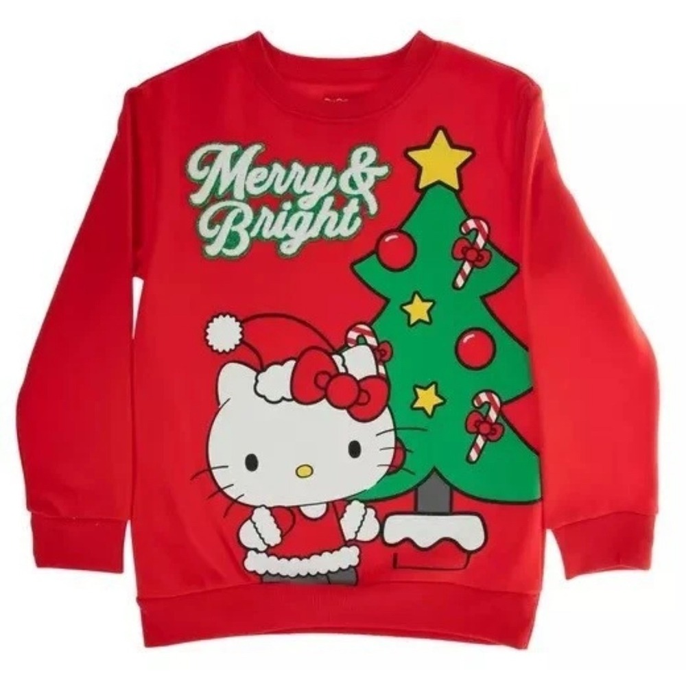Christmas Embroidered Hello Kitty Merry Bright Long Sleeve Sweatshirt Red XS‎
